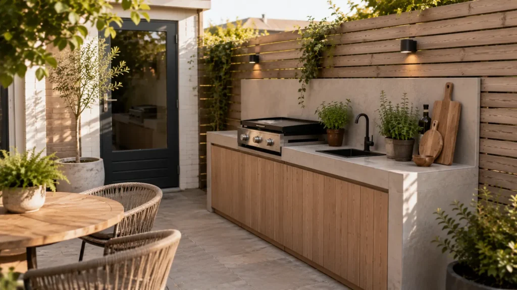 Compacte buitenkeuken in een kleine tuin met barbecue, smal werkblad en praktische opbergruimte