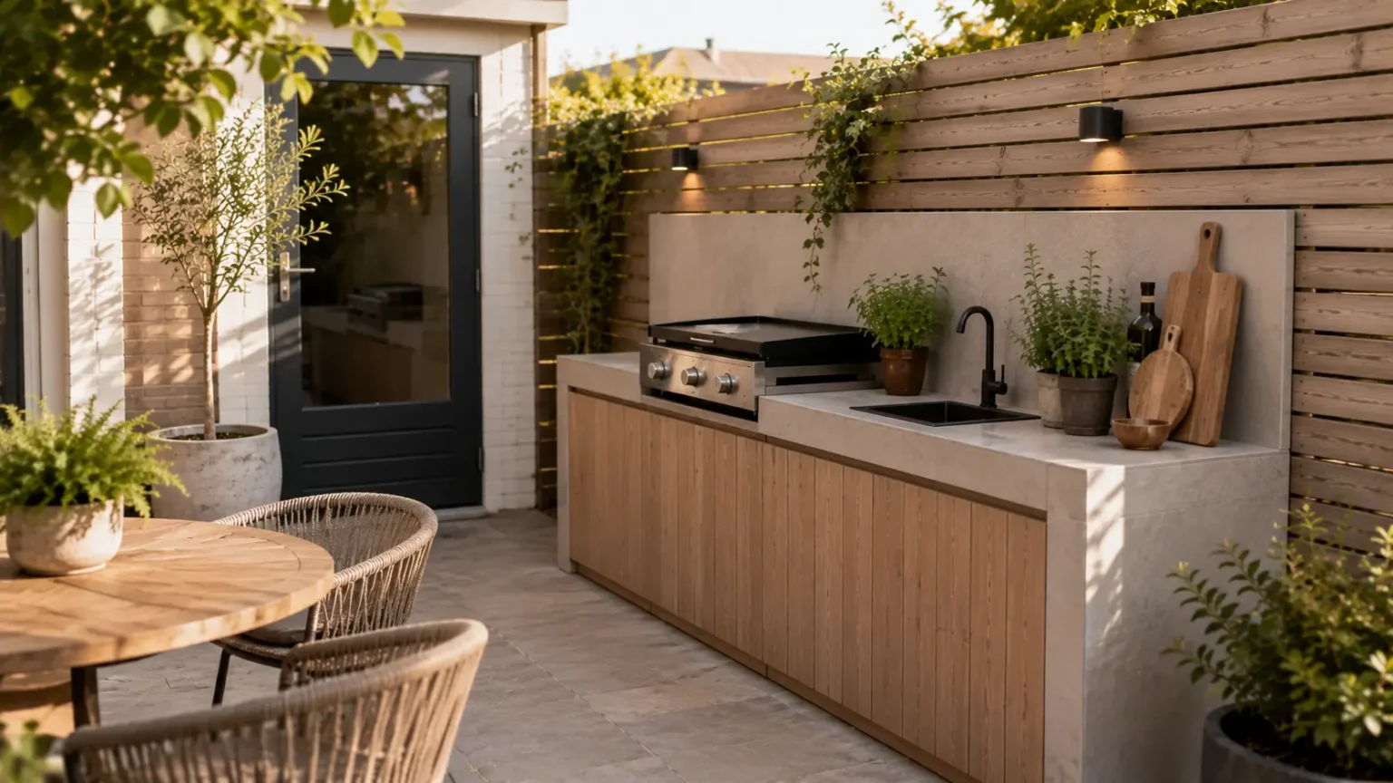 Compacte buitenkeuken in een kleine tuin met barbecue, smal werkblad en praktische opbergruimte