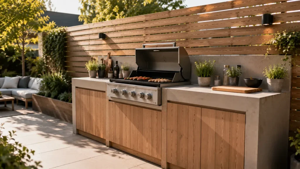 Buitenkeuken met barbecue op een terras met werkblad, opbergruimte en kruidenpotten