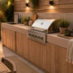 Buitenkeuken stylen met warme verlichting, kruidenpotten, servies en rustige accessoires op het terras
