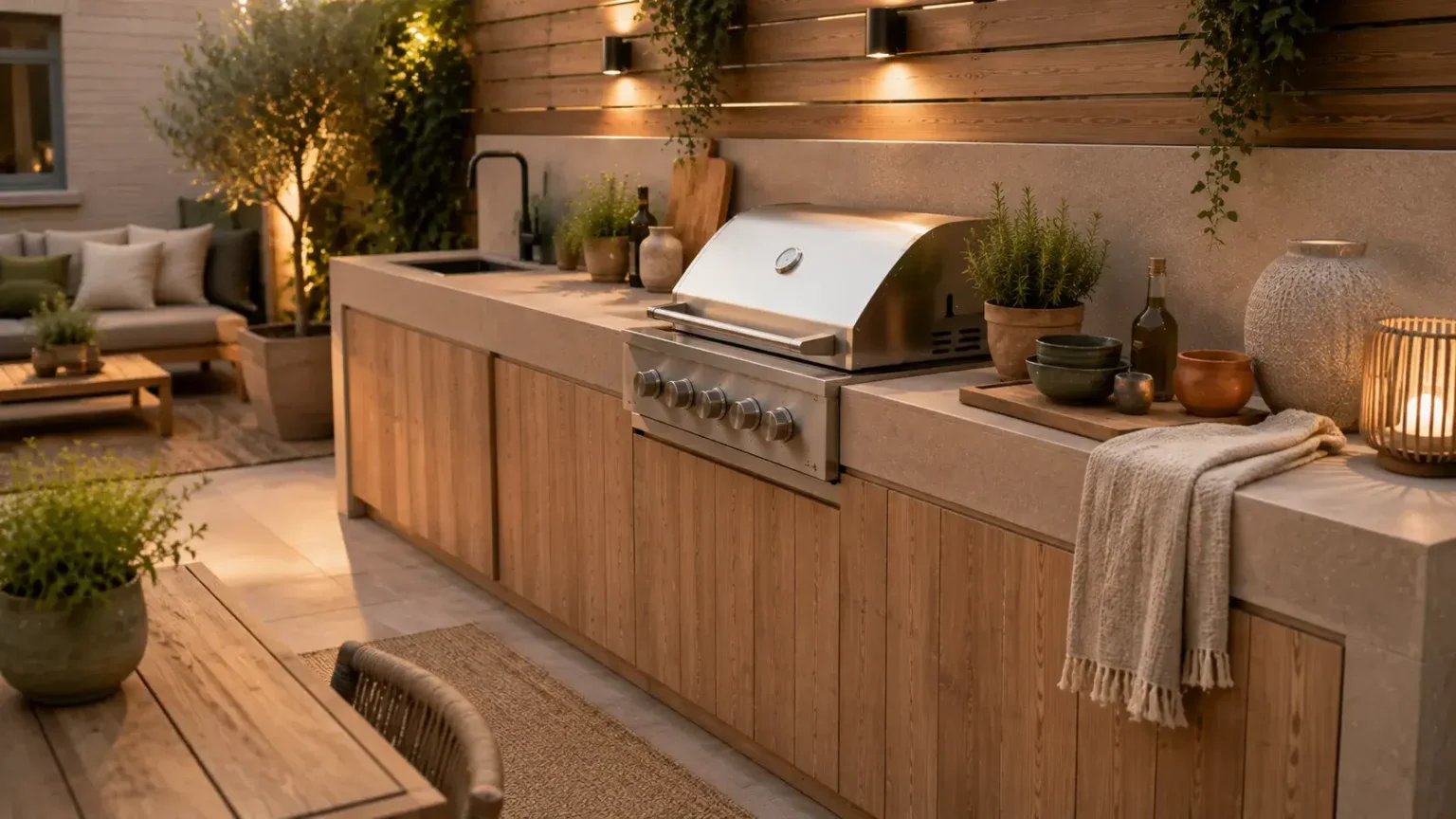 Buitenkeuken stylen met warme verlichting, kruidenpotten, servies en rustige accessoires op het terras