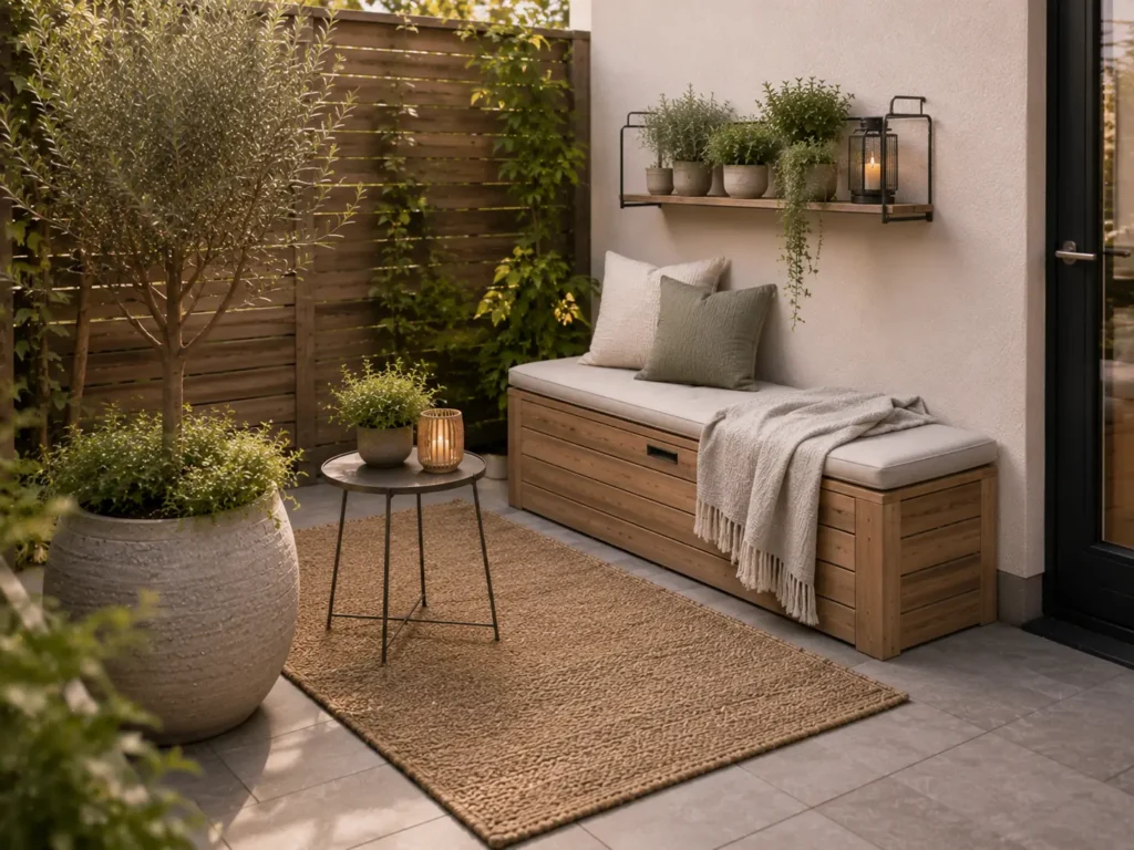 Kleine tuin decoreren met opbergbank, buitenkleed, wandplank, lantaarn en grote plantenpot