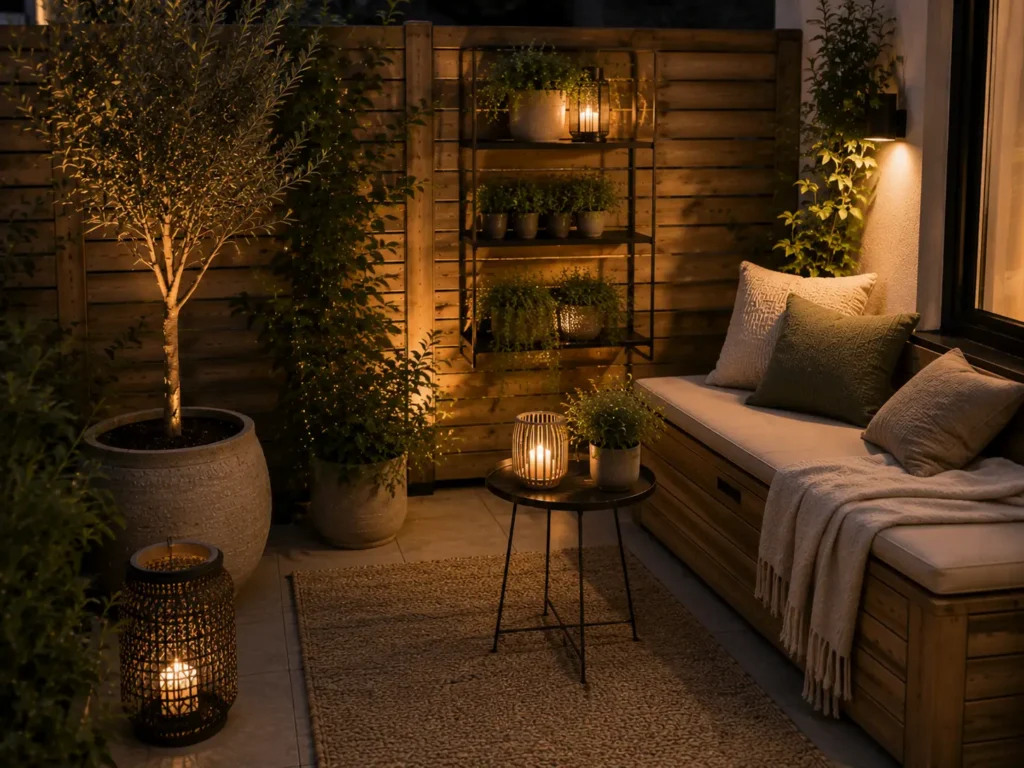 Sfeer in kleine tuin met warm licht, lantaarns, wanddecoratie, planten en zachte kussens
