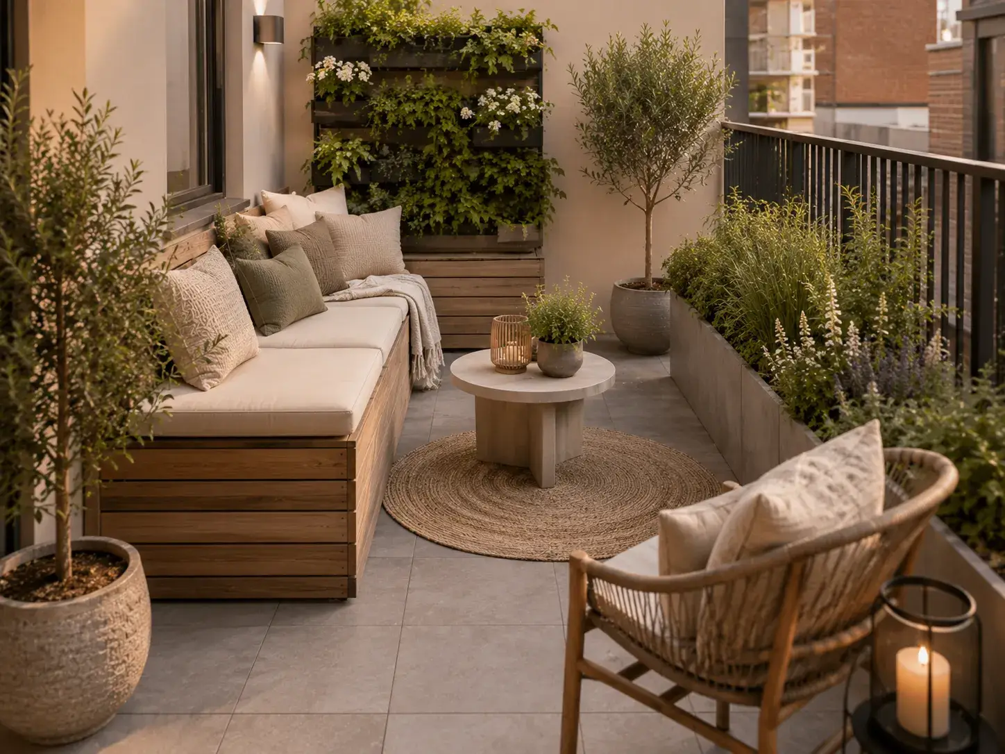 Terras inrichten met compacte zitplek, plantenbakken, verticale beplanting en voldoende loopruimte