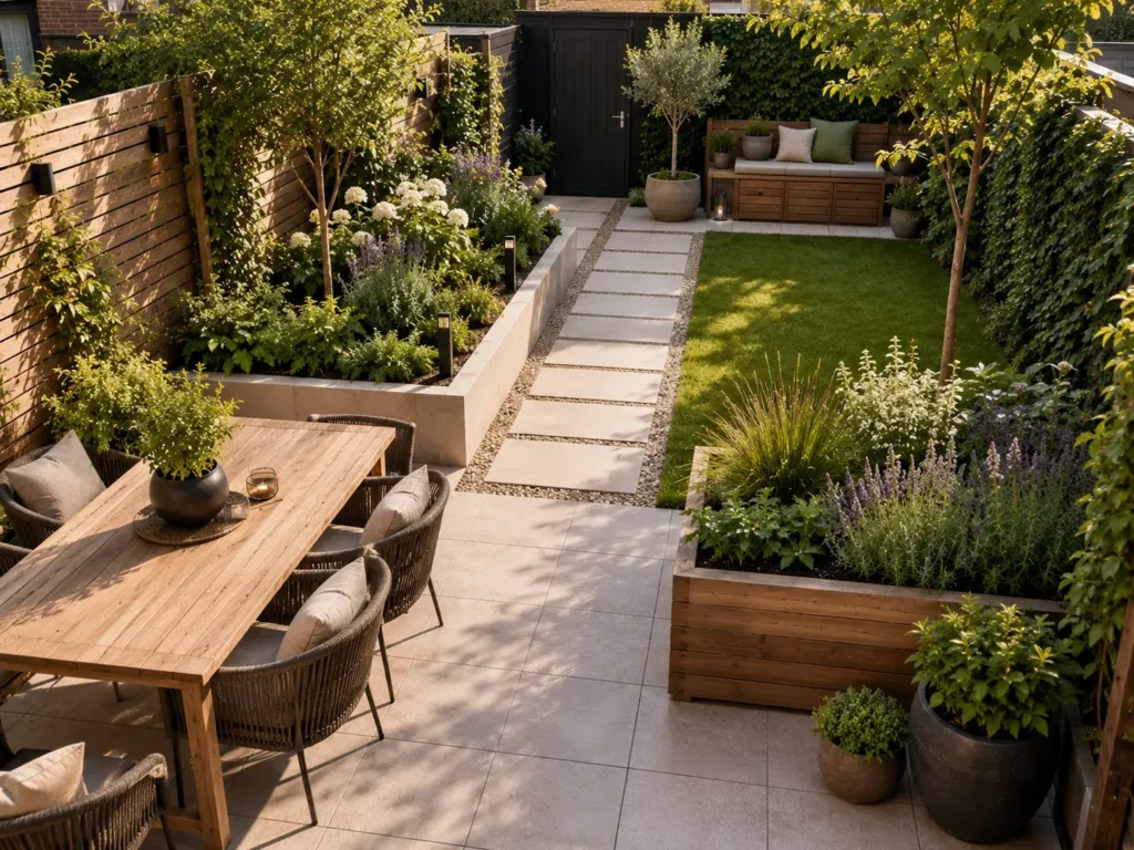 Tuin indelen met duidelijke looproute, zitplek, plantenborder en praktische opbergbank