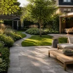 Tuin inrichten. Moderne Nederlandse tuin met terras, gazon, pergola en beplanting in een doordachte indeling.