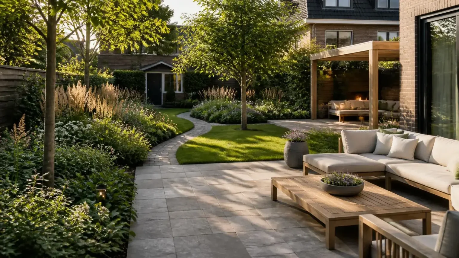 Tuin inrichten. Moderne Nederlandse tuin met terras, gazon, pergola en beplanting in een doordachte indeling.