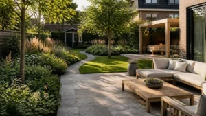 Tuin inrichten. Moderne Nederlandse tuin met terras, gazon, pergola en beplanting in een doordachte indeling.