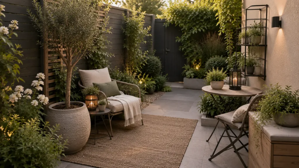 Kleine tuin met compacte zithoek, plantenpotten, lantaarns en sfeervolle tuindecoratie