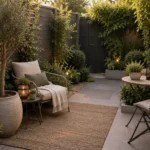 Kleine tuin met compacte zithoek, plantenpotten, lantaarns en sfeervolle tuindecoratie