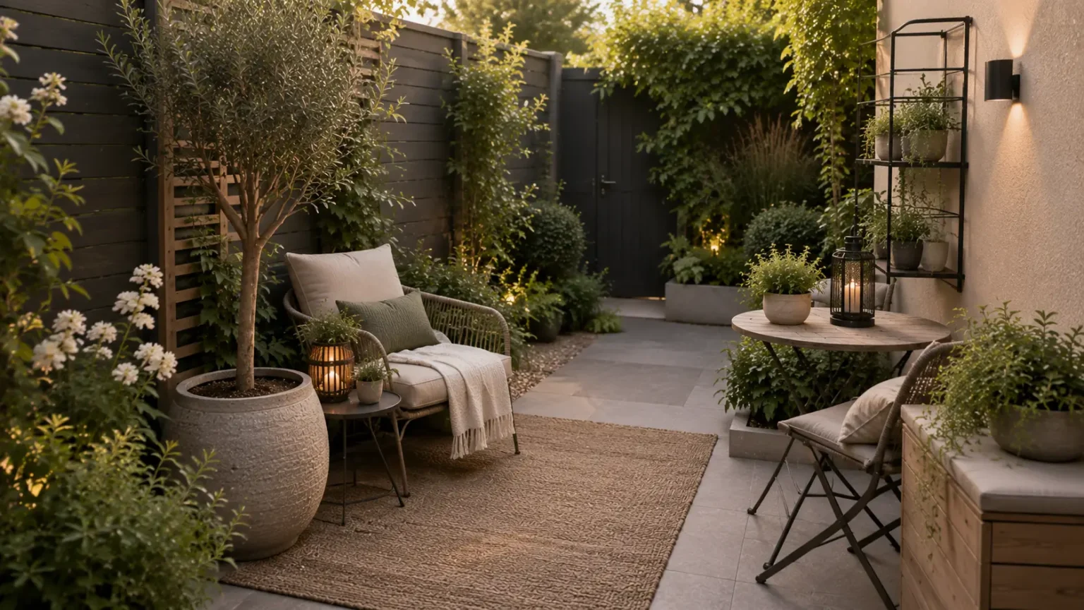 Kleine tuin met compacte zithoek, plantenpotten, lantaarns en sfeervolle tuindecoratie
