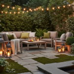 Sfeervolle tuindecoratie met planten, verlichting en accessoires voor een gezellige buitenruimte