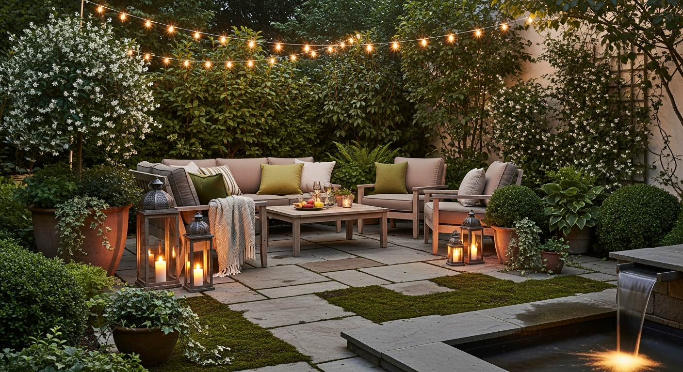 Sfeervolle tuindecoratie met planten, verlichting en accessoires voor een gezellige buitenruimte