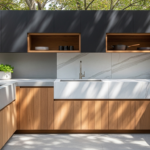 Buitenkeuken met duurzame materialen zoals hout, steen en metalen werkblad