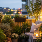 Groen balkon met zitplek, plantenbakken en sfeervolle decoratie