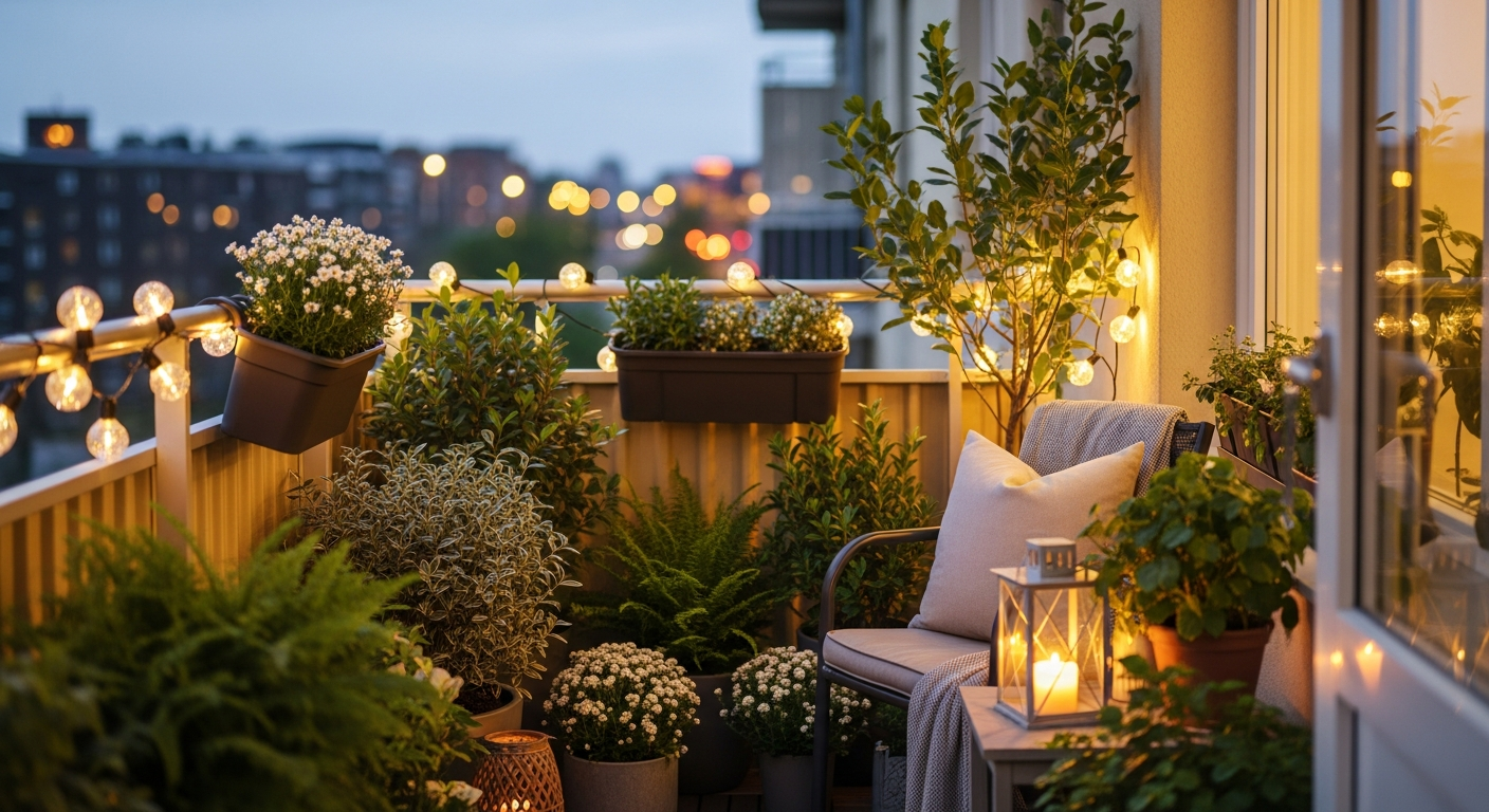 Groen balkon met zitplek, plantenbakken en sfeervolle decoratie