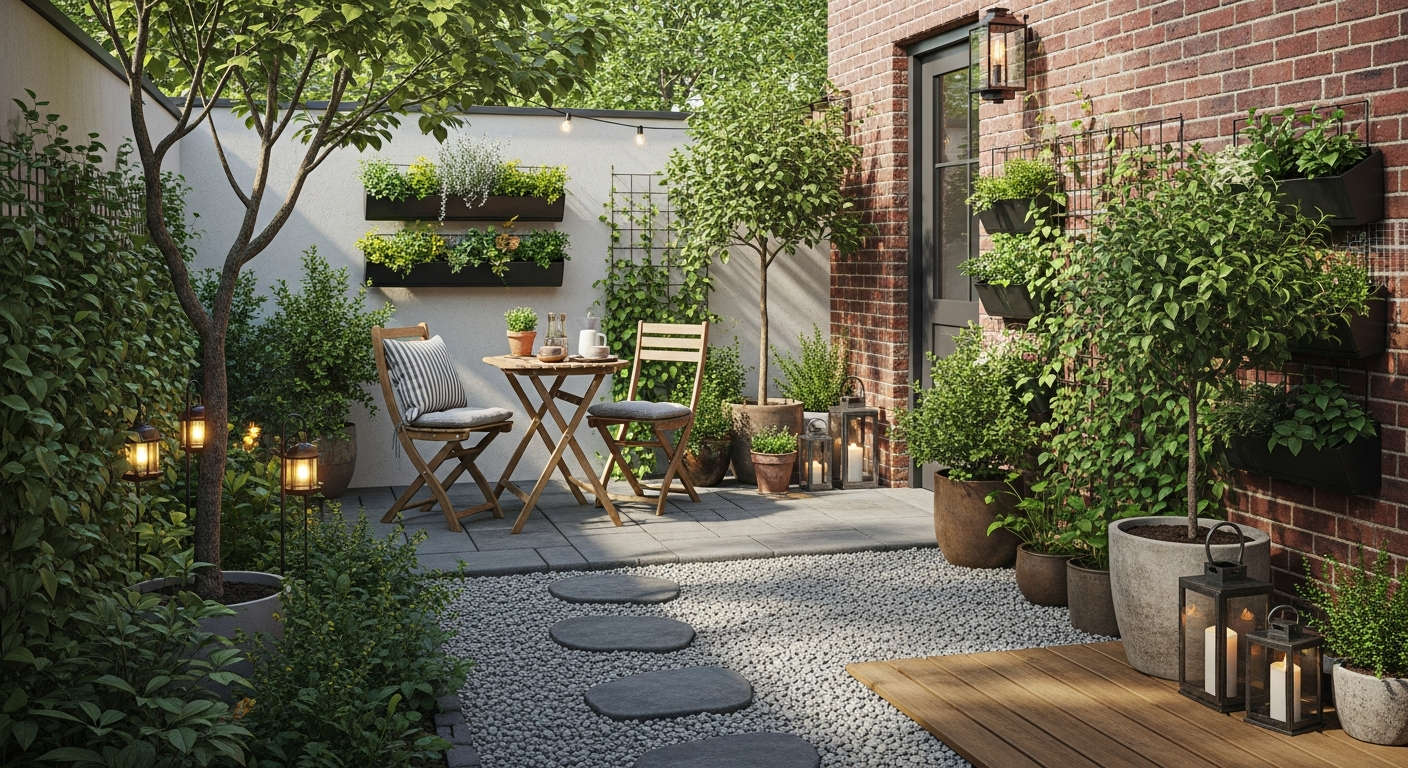 Kleine tuin met slimme indeling, zithoek, groen en compacte beplanting