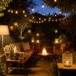 Sfeervolle tuinverlichting langs terras en beplanting in de avond