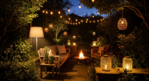 Sfeervolle tuinverlichting langs terras en beplanting in de avond
