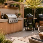 Bbq buitenkeuken met compacte grill, praktische werkruimte en opbergruimte voor buiten koken, buitenkeuken met barbecue
