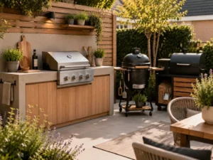 Bbq buitenkeuken met compacte grill, praktische werkruimte en opbergruimte voor buiten koken, buitenkeuken met barbecue