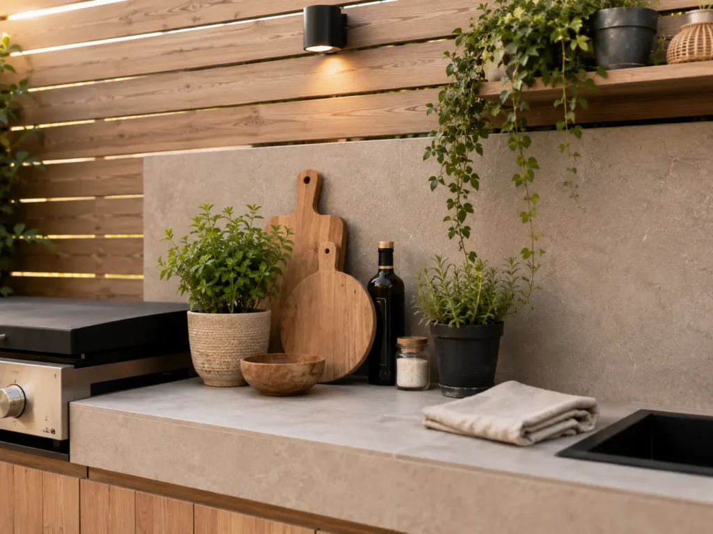 Detail van een compacte buitenkeuken met lichte materialen, smal werkblad en kruidenpotten