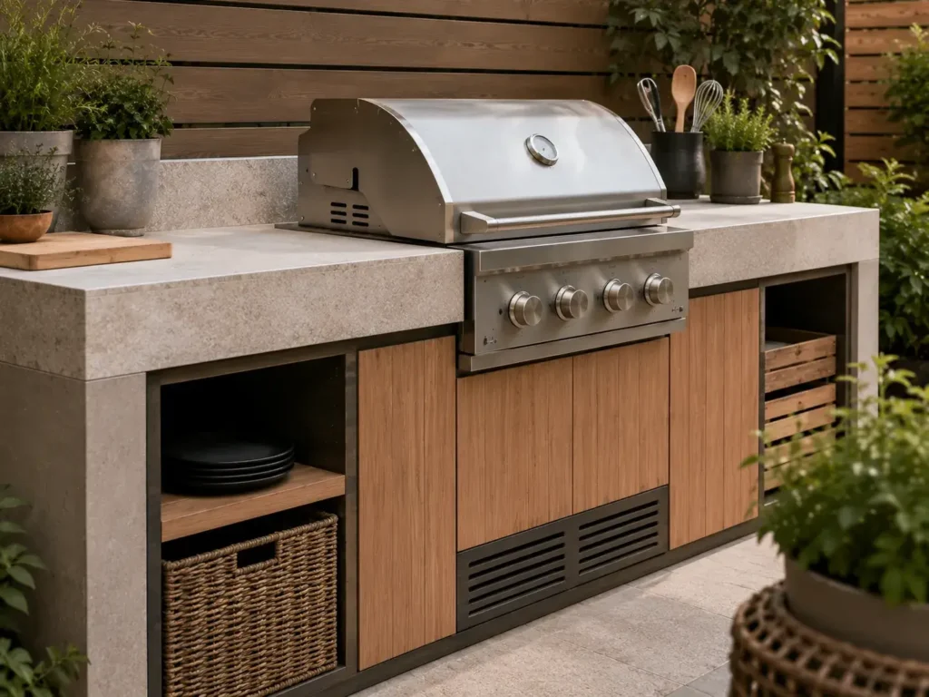 Ingebouwde barbecue tuin met ventilatieopeningen, hittebestendig werkblad en veilige opstelling