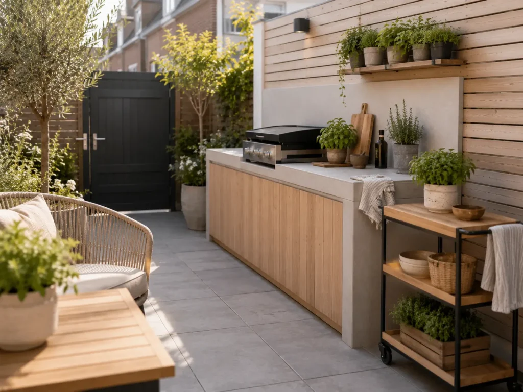 Kleine buitenkeuken met slimme indeling, compact kookgedeelte en voldoende werkruimte op een klein terras