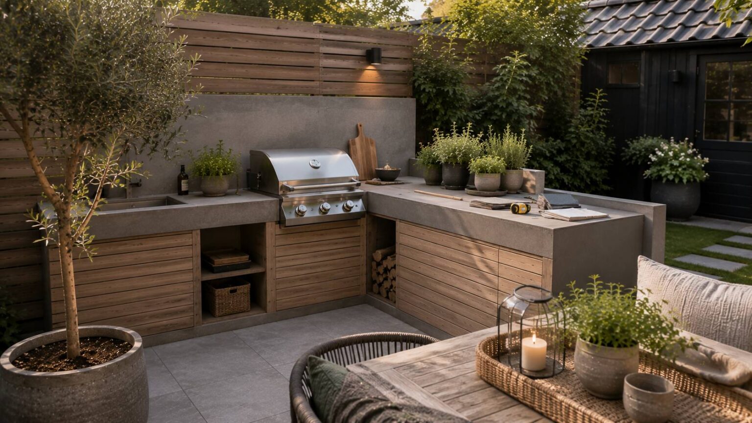 Buitenkeuken maken met werkblad, barbecue, opbergruimte en praktische indeling op een terras