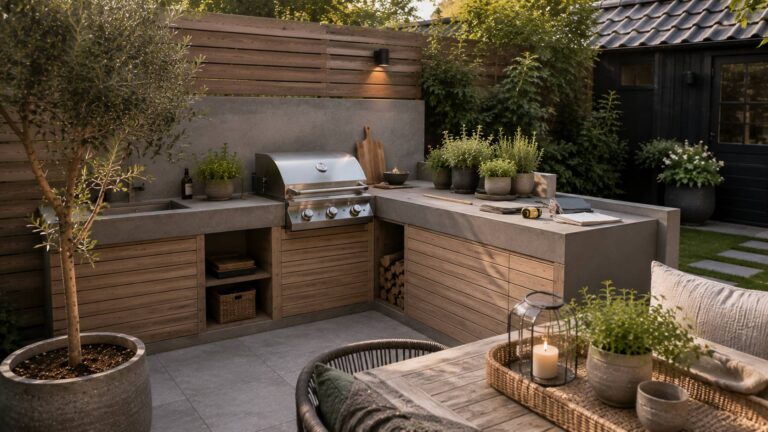 Buitenkeuken maken met werkblad, barbecue, opbergruimte en praktische indeling op een terras